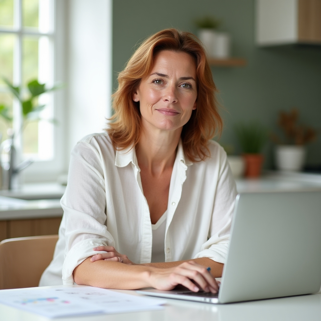 Woman in her 30s sitting peacefully at a bright kitchen table with a laptop and papers, looking composed and focused
