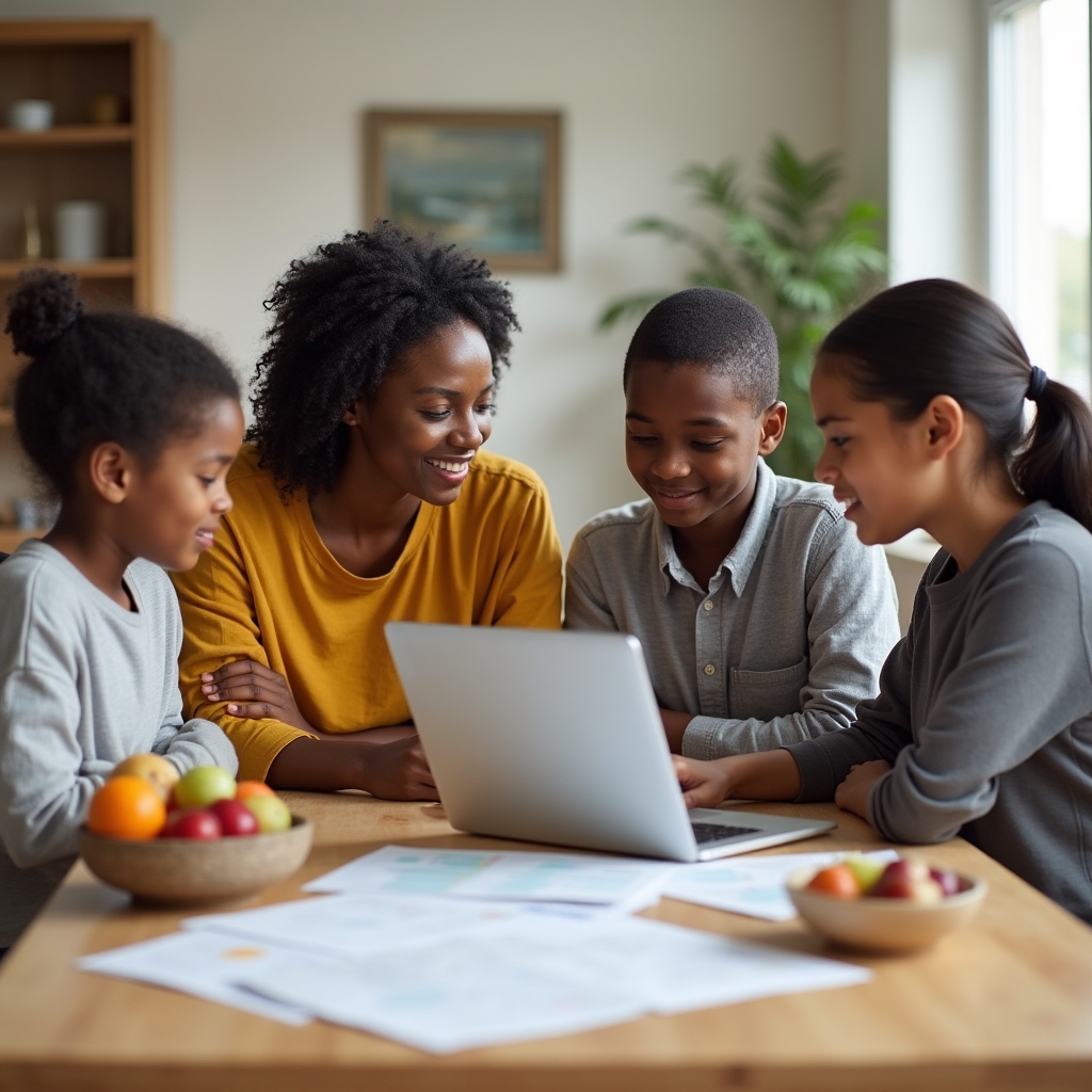 Family of four gathered around a bright kitchen table with papers and a laptop, calm and engaged in discussion, natural daylight