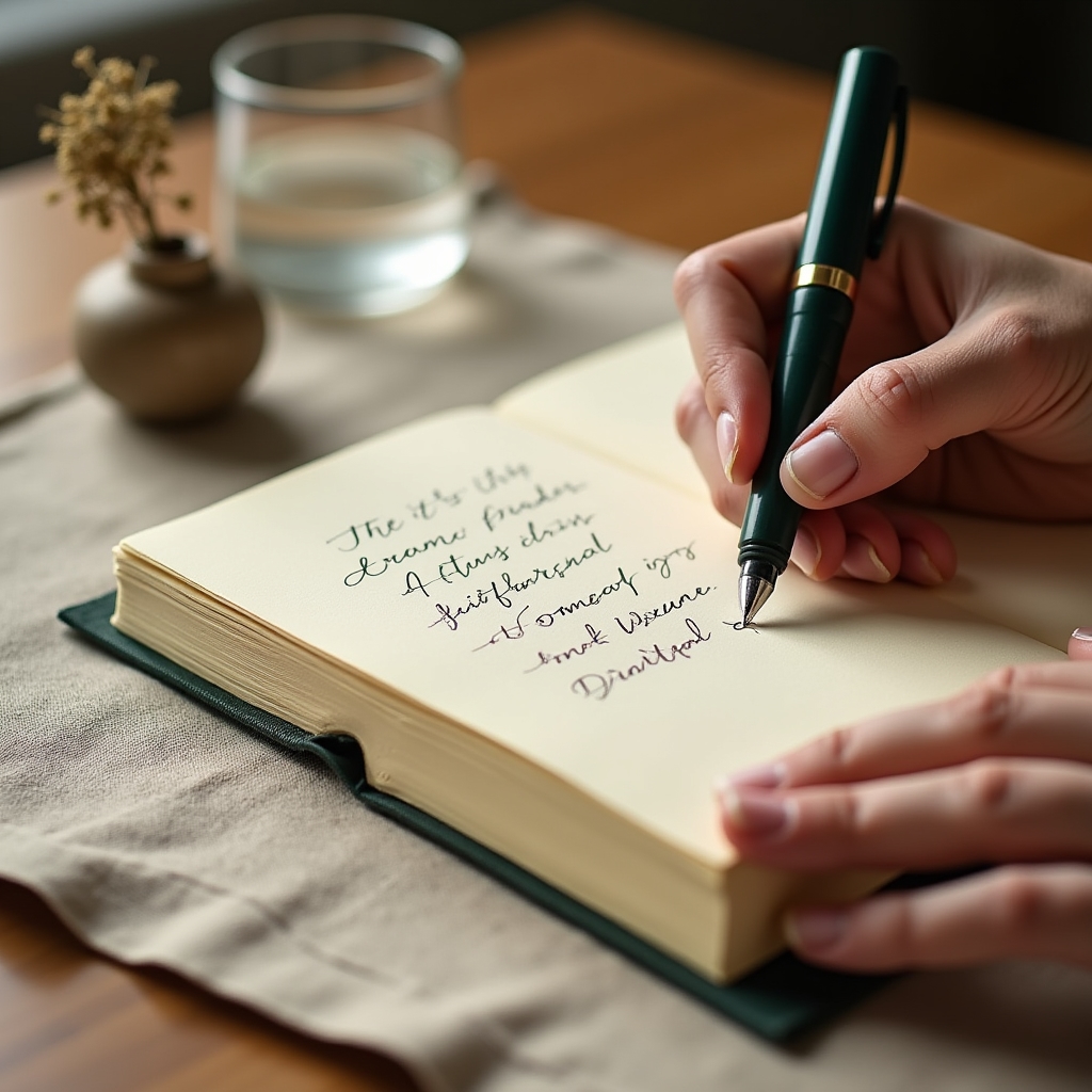 Close-up of a person writing in a gratitude journal with a pen, soft morning light on the page