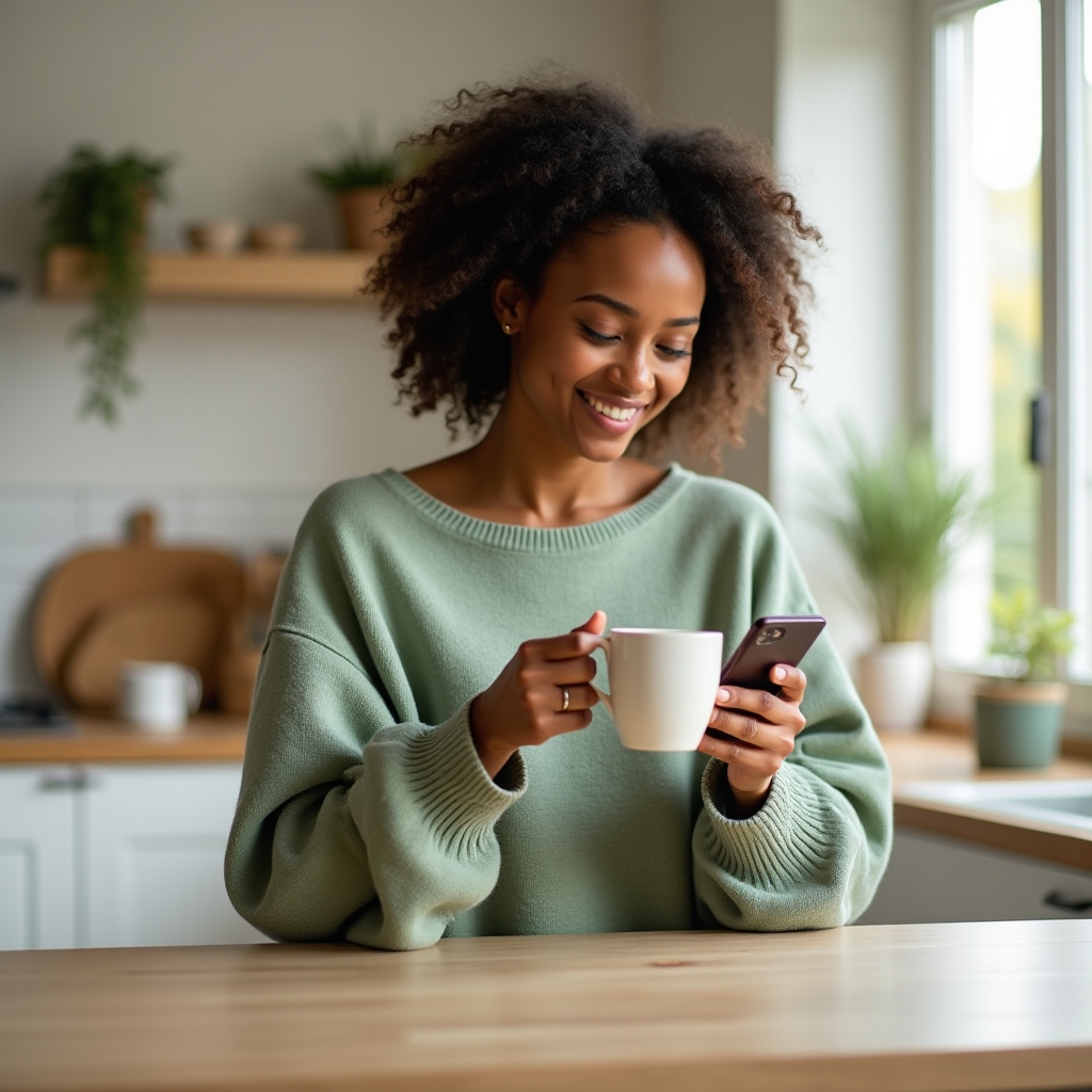 Person calmly checking their phone with a morning coffee, looking relaxed rather than anxious