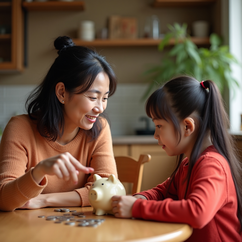 Parent and young child sitting together at a table, looking at a piggy bank with warm natural light and a relaxed atmosphere