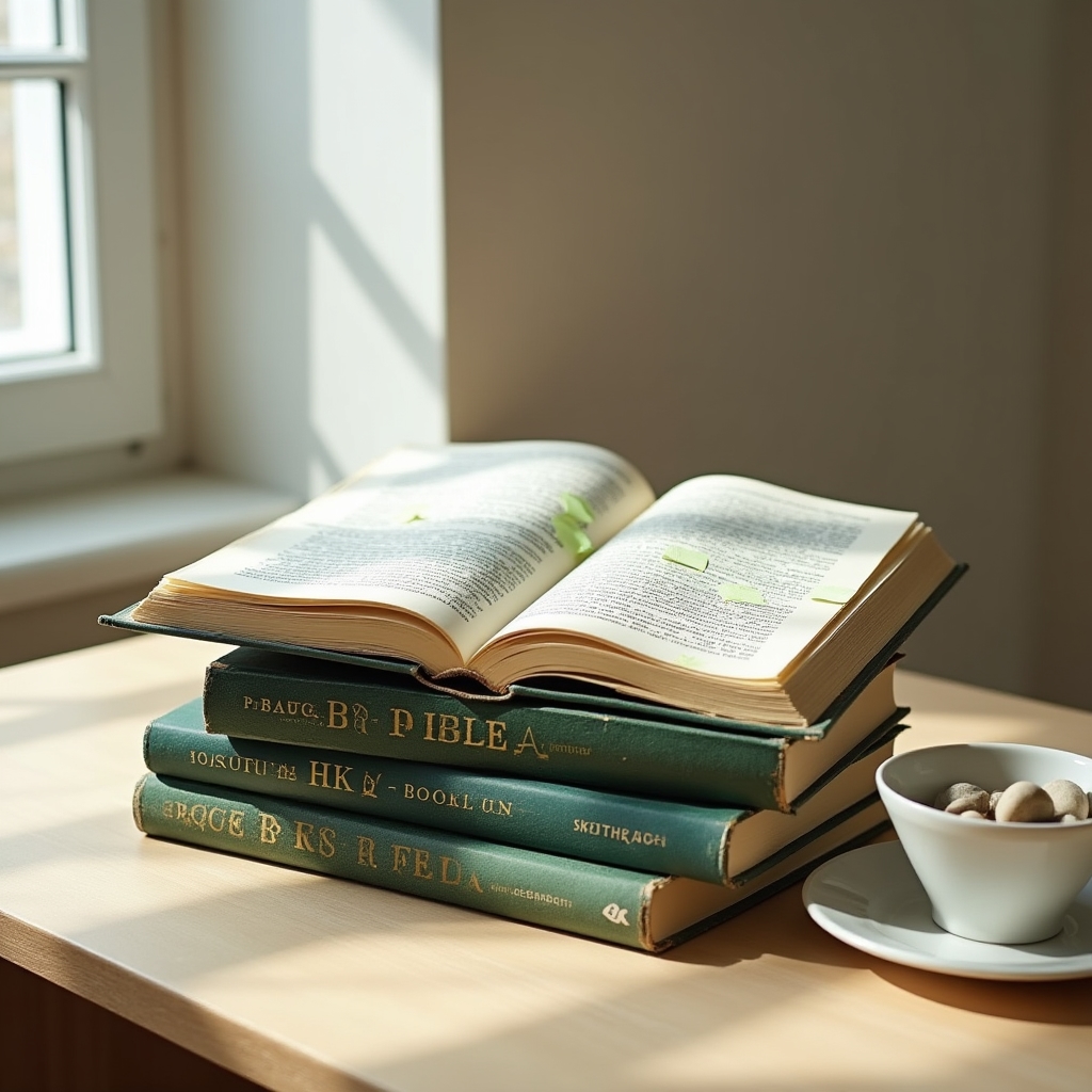 Stack of open psychology and behavioural economics books on a clean modern desk with natural side lighting