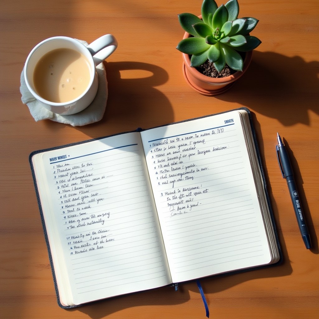 Open notebook with handwritten weekly financial notes beside a warm cup of tea on a wooden desk
